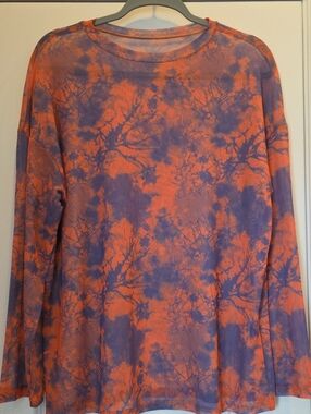 EUC SHEIN Oversized Small (L/XL) Orange & Purple Tie-Dye Long Sleeve Mesh Top